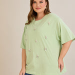 Βαμβακερή μπλούζα oversize 10967 με πετρούλες σε χρώμα μέντα σε μεγάλα μεγέθη 