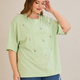 Βαμβακερή μπλούζα oversize 10967 με πετρούλες σε χρώμα μέντα σε μεγάλα μεγέθη 